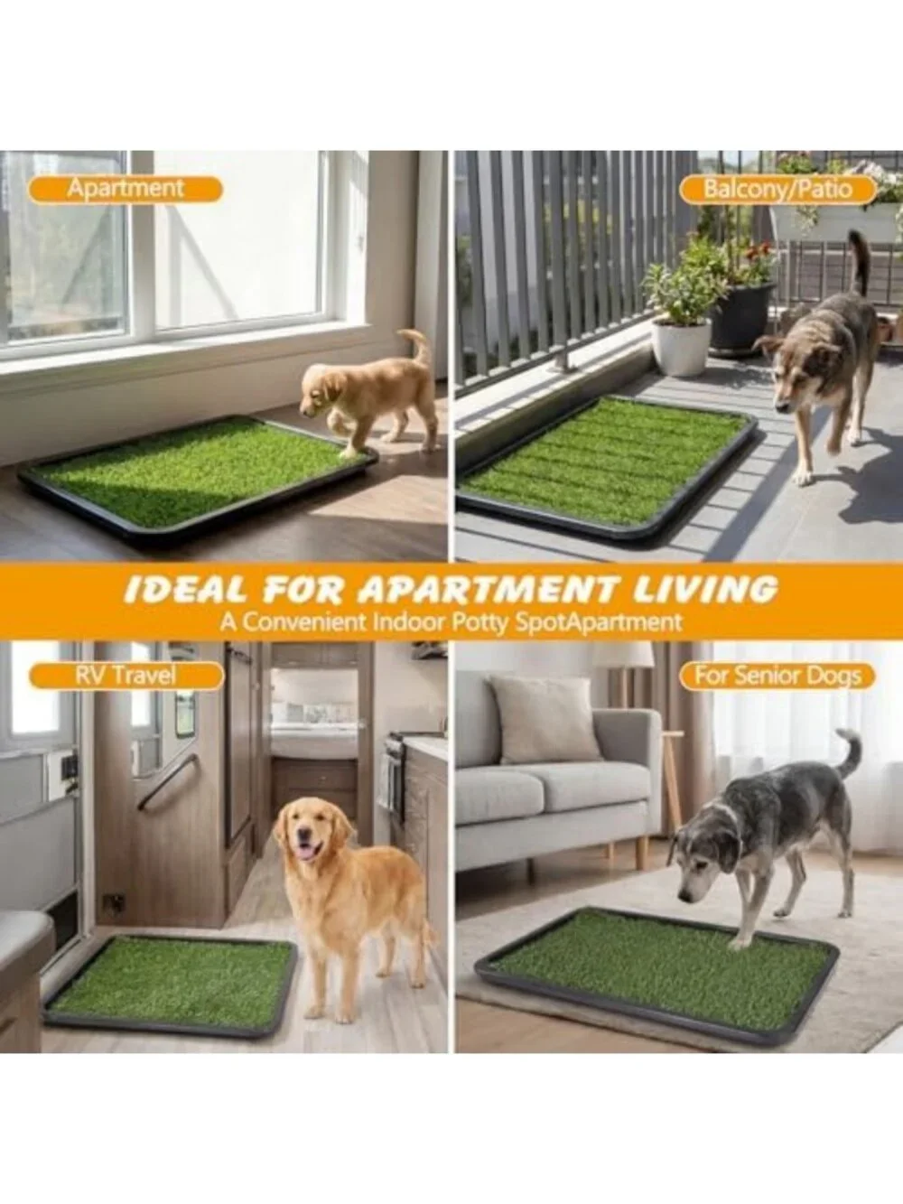 Pet Grass Pad with Tray, 30x20 in, 3-Layer Indoor Potty System, 2 Grass Pads